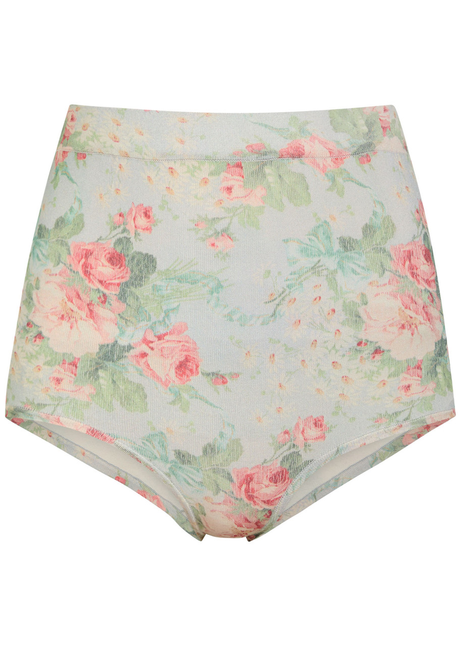 Simone Rocha Floral-print Stretch-knit Briefs In Blue