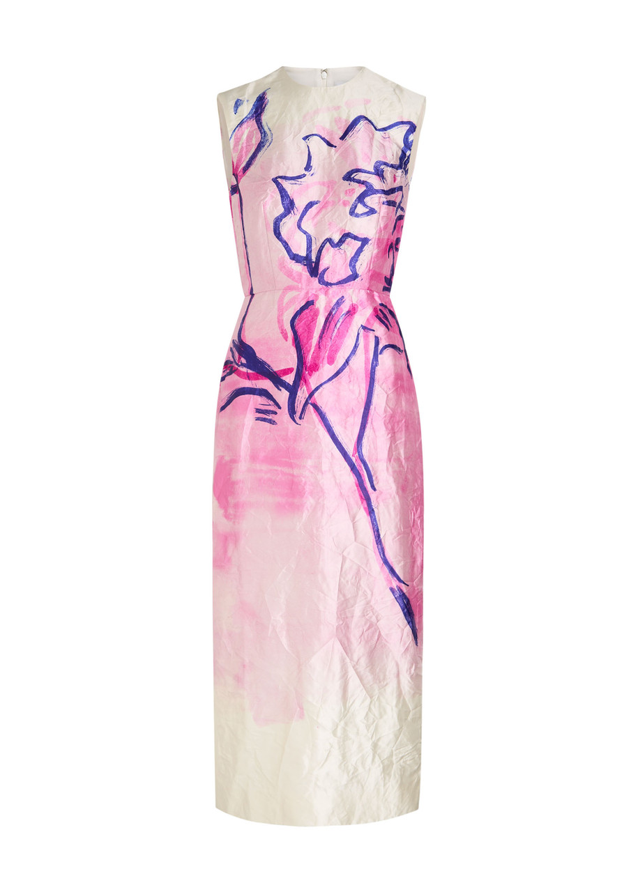 Erdem Printed Crinkled Satin Midi Dress In Pink