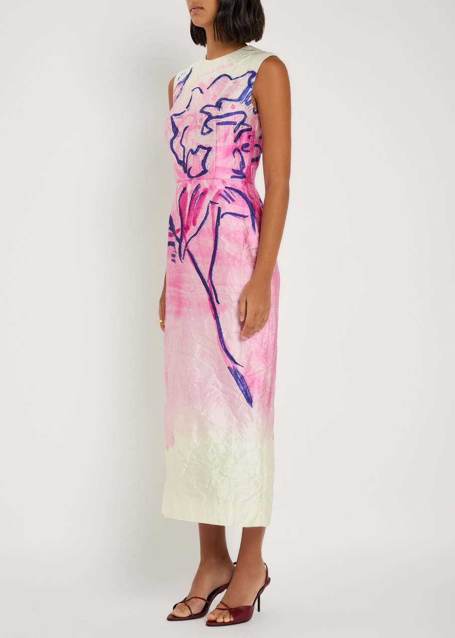 Erdem Printed Crinkled Satin Midi Dress In Pink