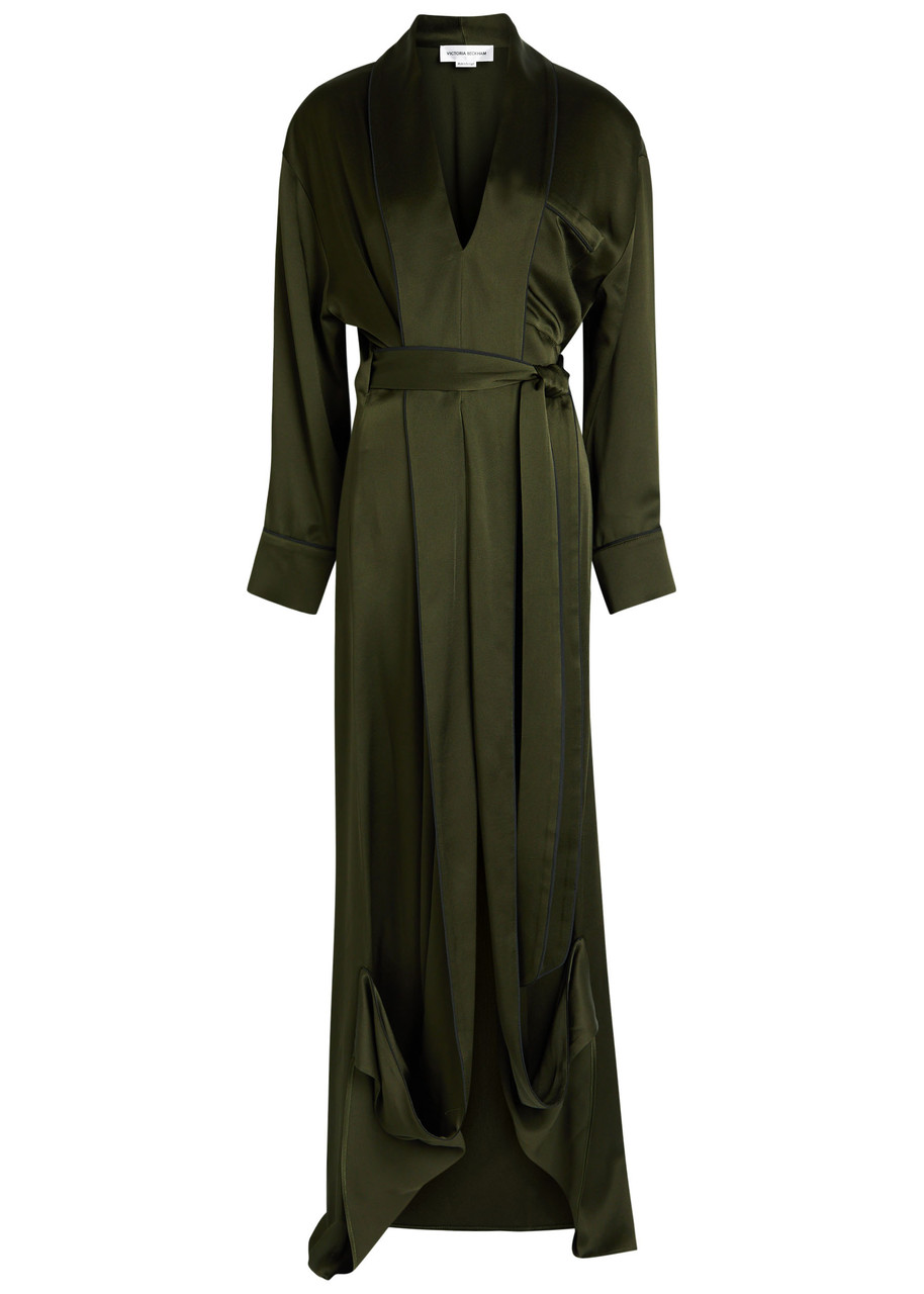 Victoria Beckham Womens Dark Olive Wrap Shawl-collar Woven Gown In Green