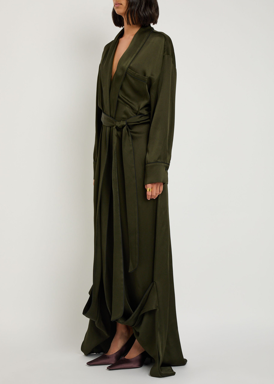 Victoria Beckham Womens Dark Olive Wrap Shawl-collar Woven Gown In Green