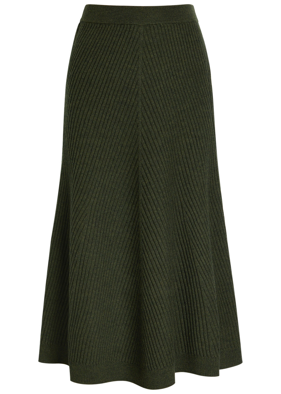 Victoria Beckham Ribbed Merino Wool Midi Skirt - Green - M (UK12 / M)