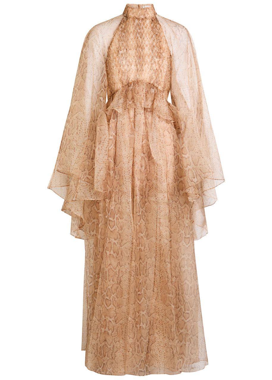 Zimmermann Memento Python-print Silk-organza Maxi Dress In Brown