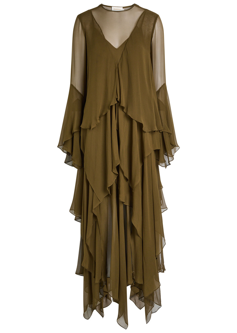 Zimmermann Memento Tiered Silk-chiffon Maxi Dress In Brown