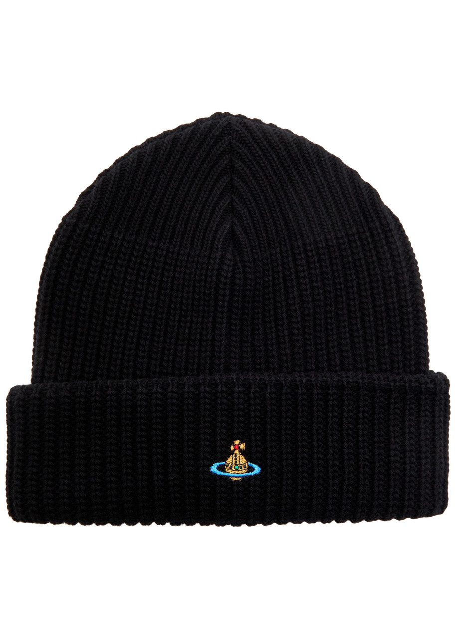 Vivienne Westwood Logo-embroidered Ribbed Wool Beanie In Black