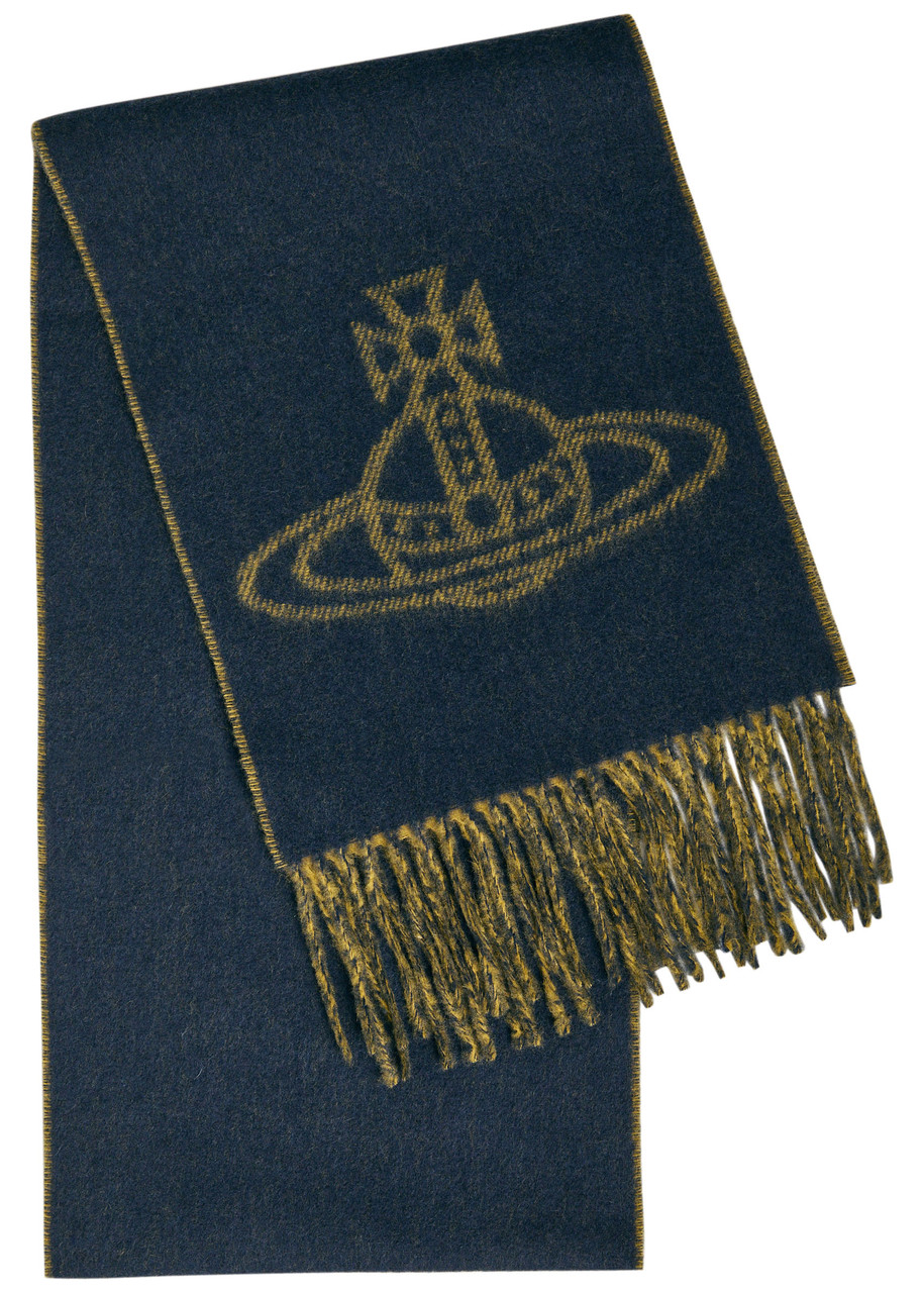 Vivienne Westwood Unisex Double Logo Navy Blue Wool Scarf In Blue