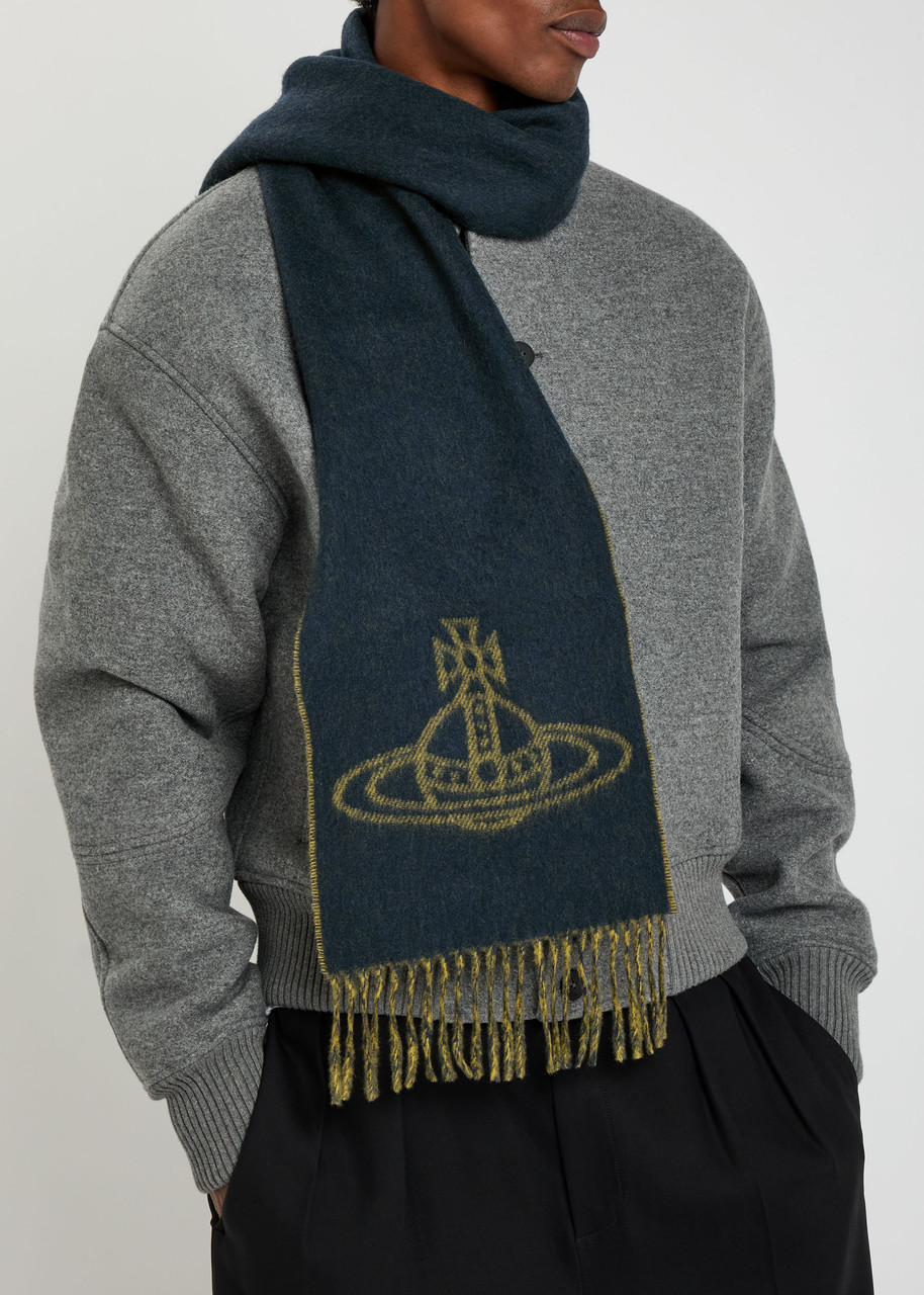 Vivienne Westwood Unisex Double Logo Navy Blue Wool Scarf In Blue