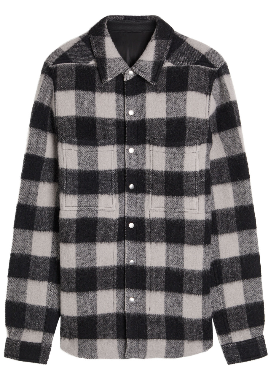 Rick Owens Virgin Wool Check Overshirt In Black