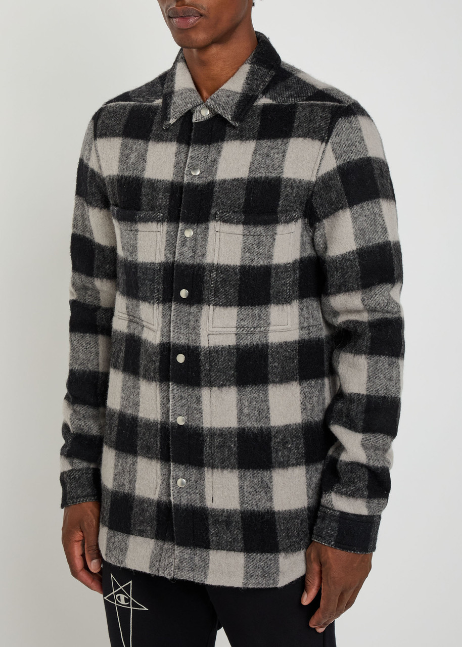 Rick Owens Virgin Wool Check Overshirt In Black