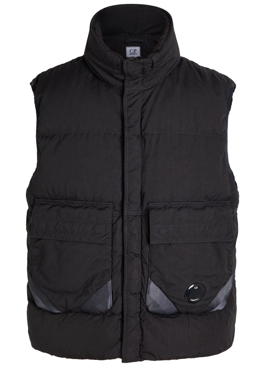 C.p. Company Black Vest With Mock Drawstring Neck And Logo Plaque On The Front In Animal Print