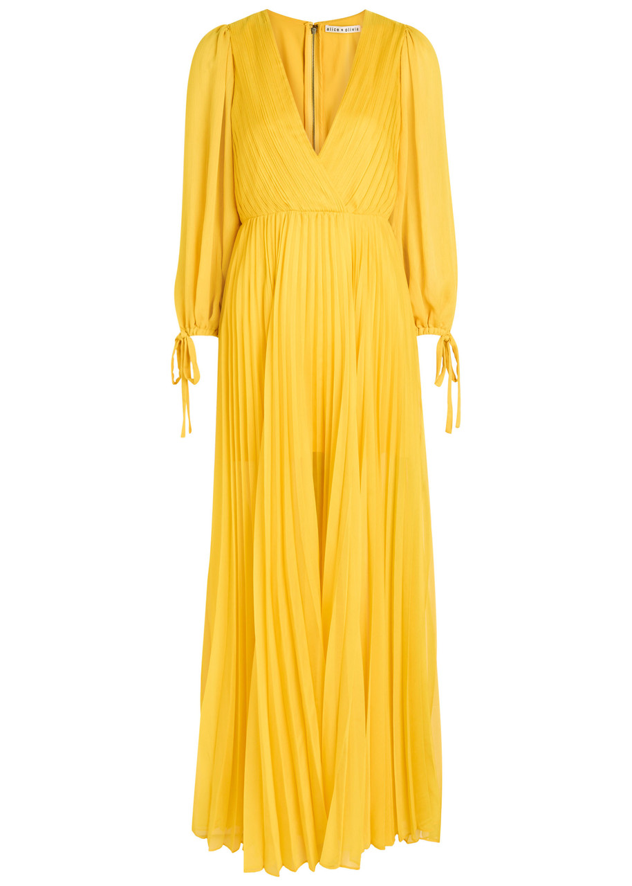 Alice And Olivia Nya Deep V Pleated Chiffon Maxi Dress In Yellow