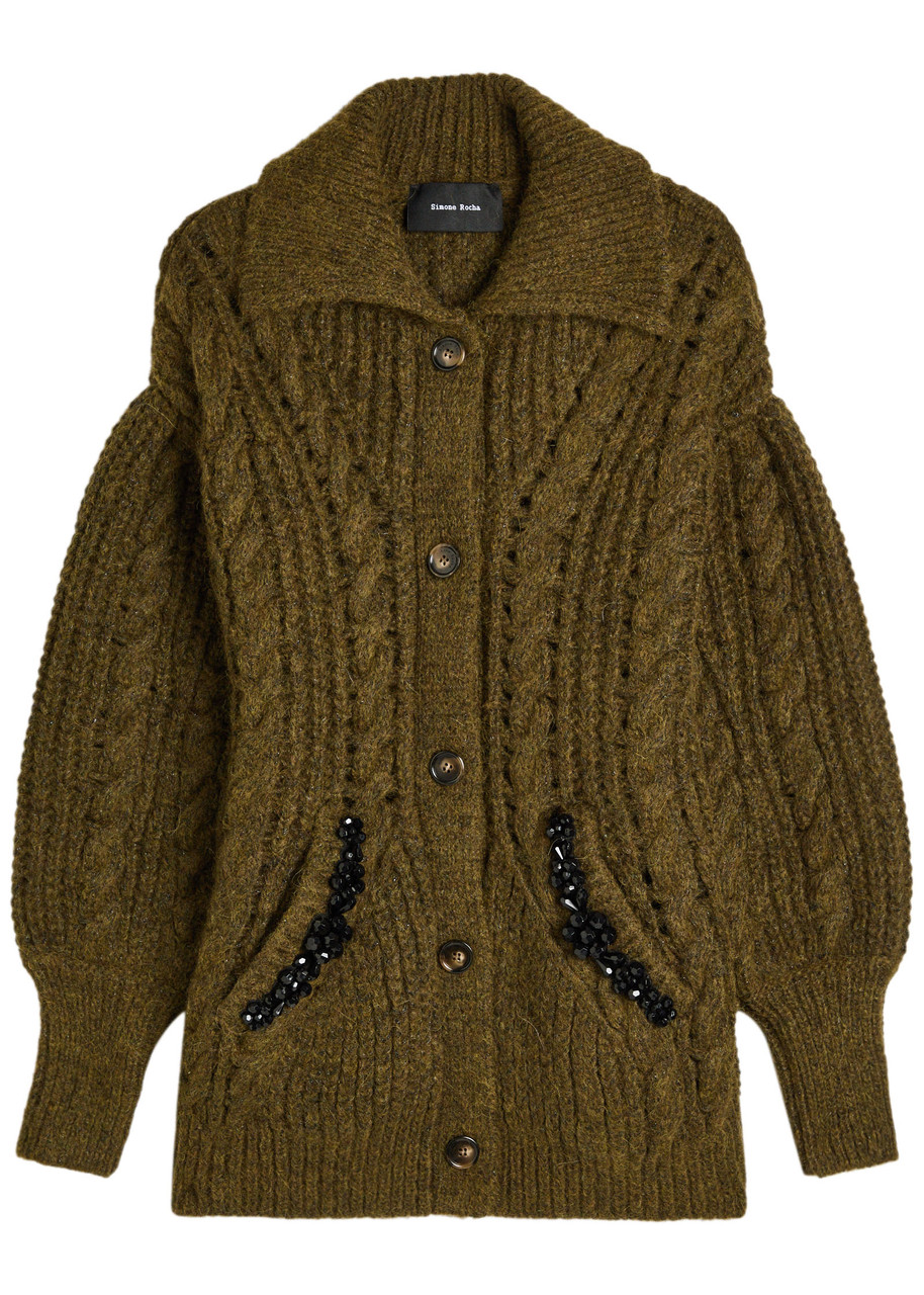 Simone Rocha Embellished Cable-knit Alpaca-blend Cardigan In Brown