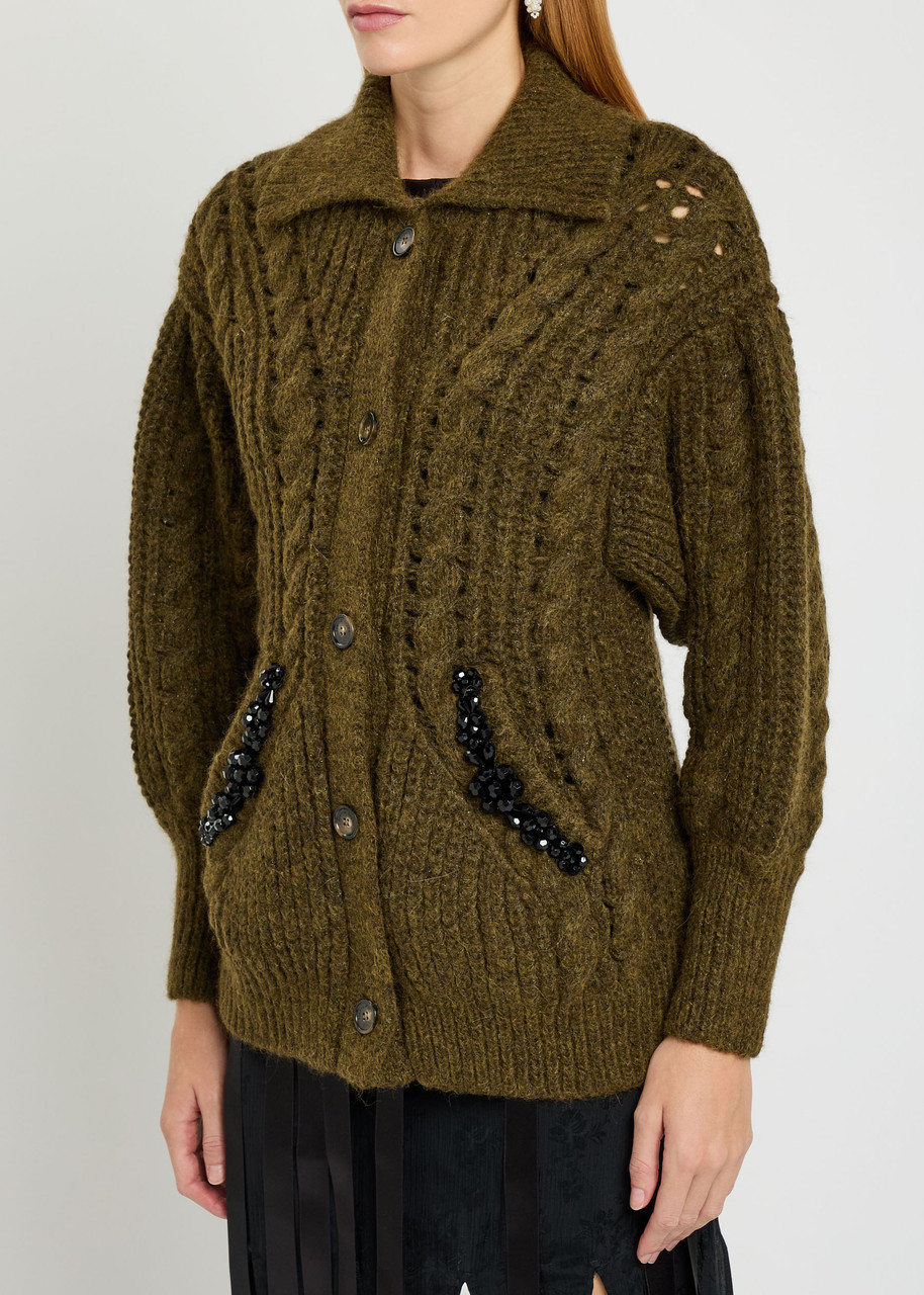 Simone Rocha Embellished Cable-knit Alpaca-blend Cardigan In Brown