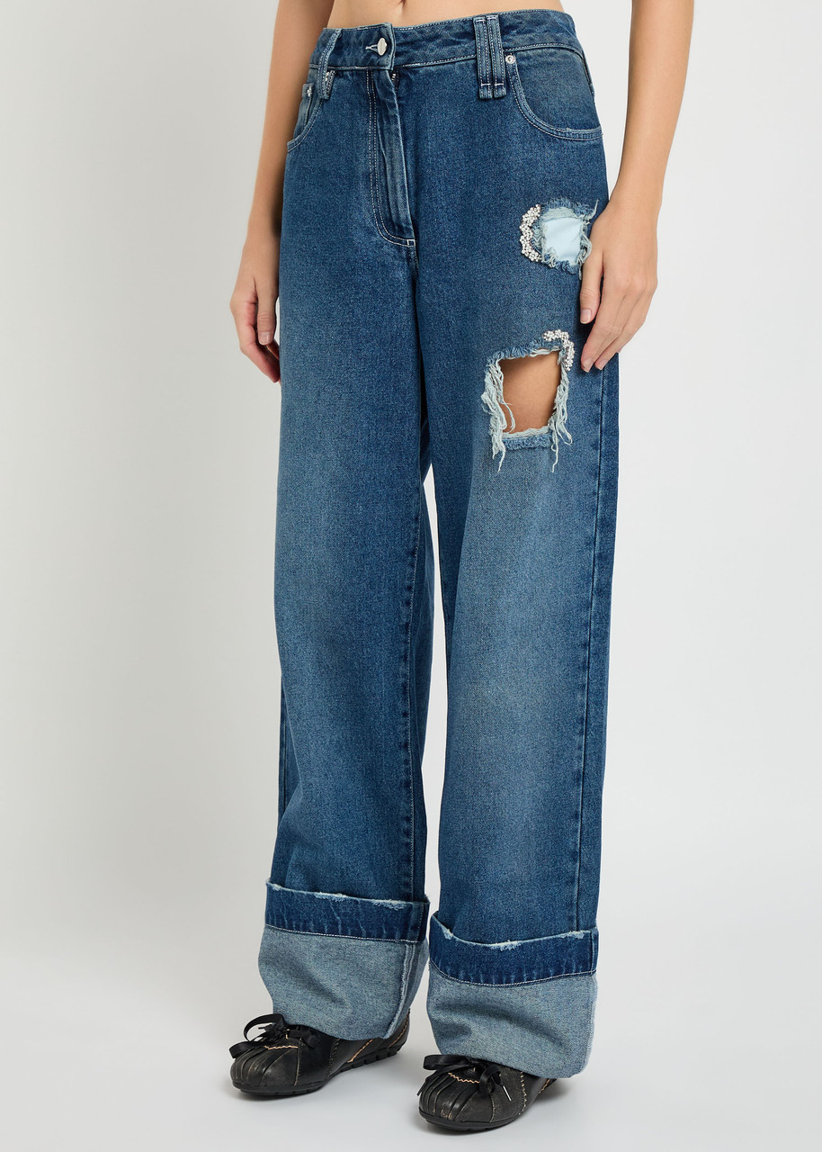 Simone Rocha Embellished Distressed Straight Leg Jeans In Blue