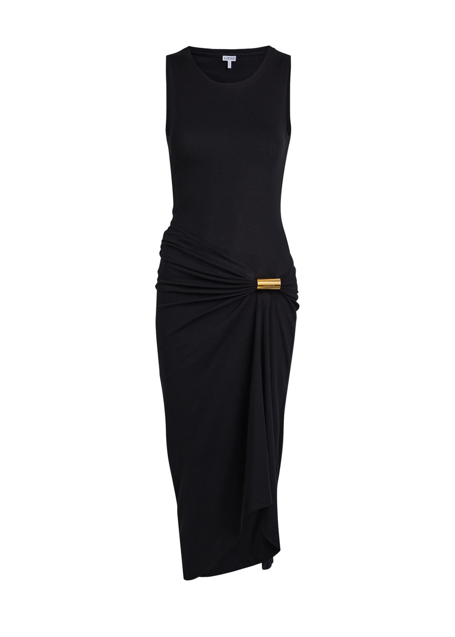 Loewe Draped Stretch-cotton Midi Dress In Black