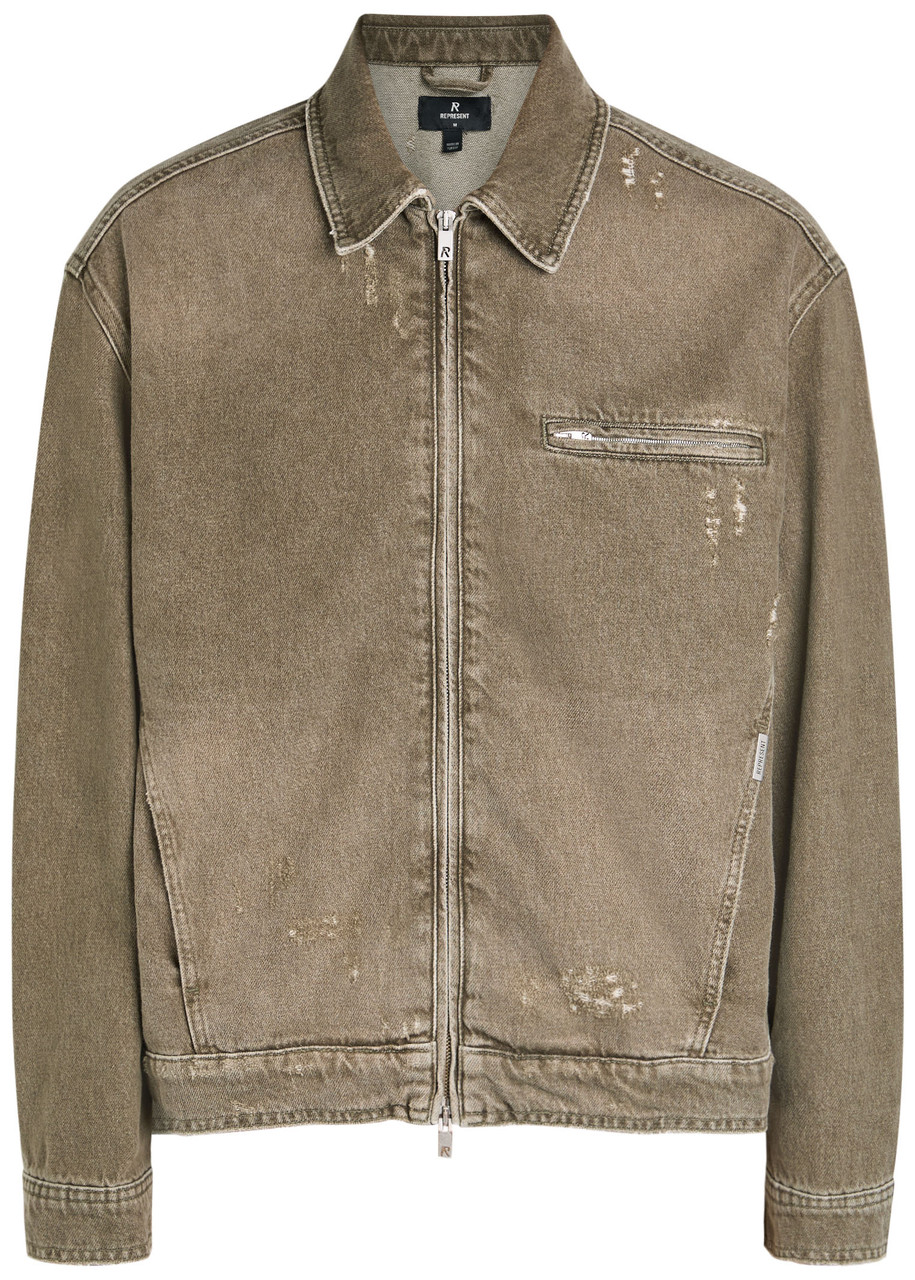 Represent Mens Distressed Collared Denim Jacket Washed Olive In Green