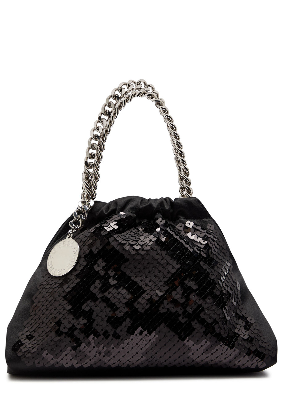 Stella Mccartney Falabella Mini Drawstring Bag Pixel Snake Sequins Embroidery In Black