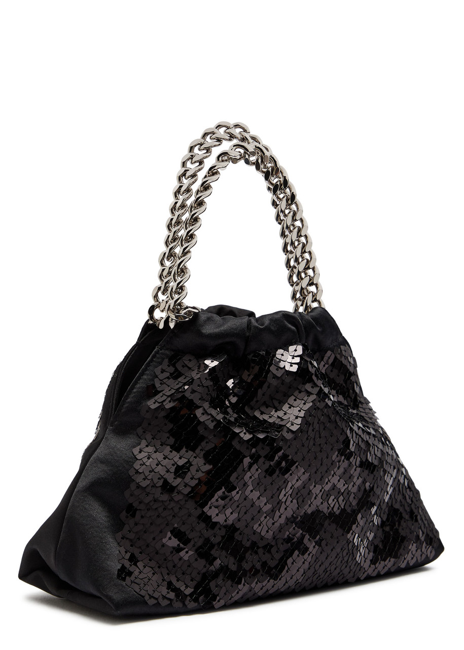 Stella Mccartney Falabella Mini Drawstring Bag Pixel Snake Sequins Embroidery In Black