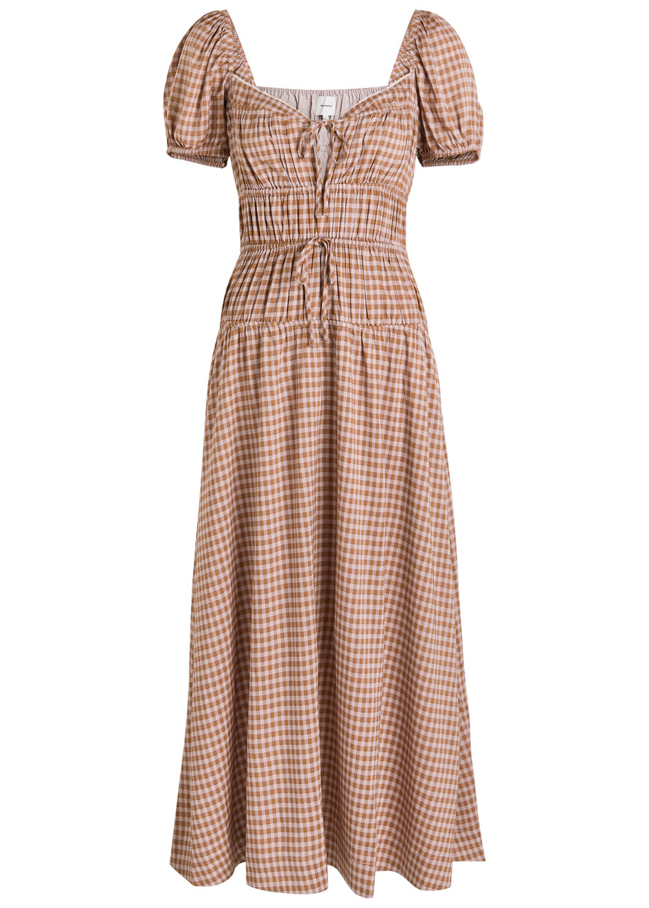 Reformation Rhett Checked Woven Midi Dress In Brown
