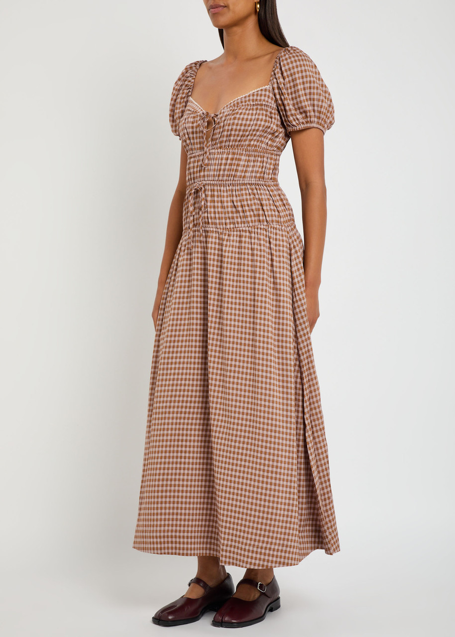 Reformation Rhett Checked Woven Midi Dress In Brown