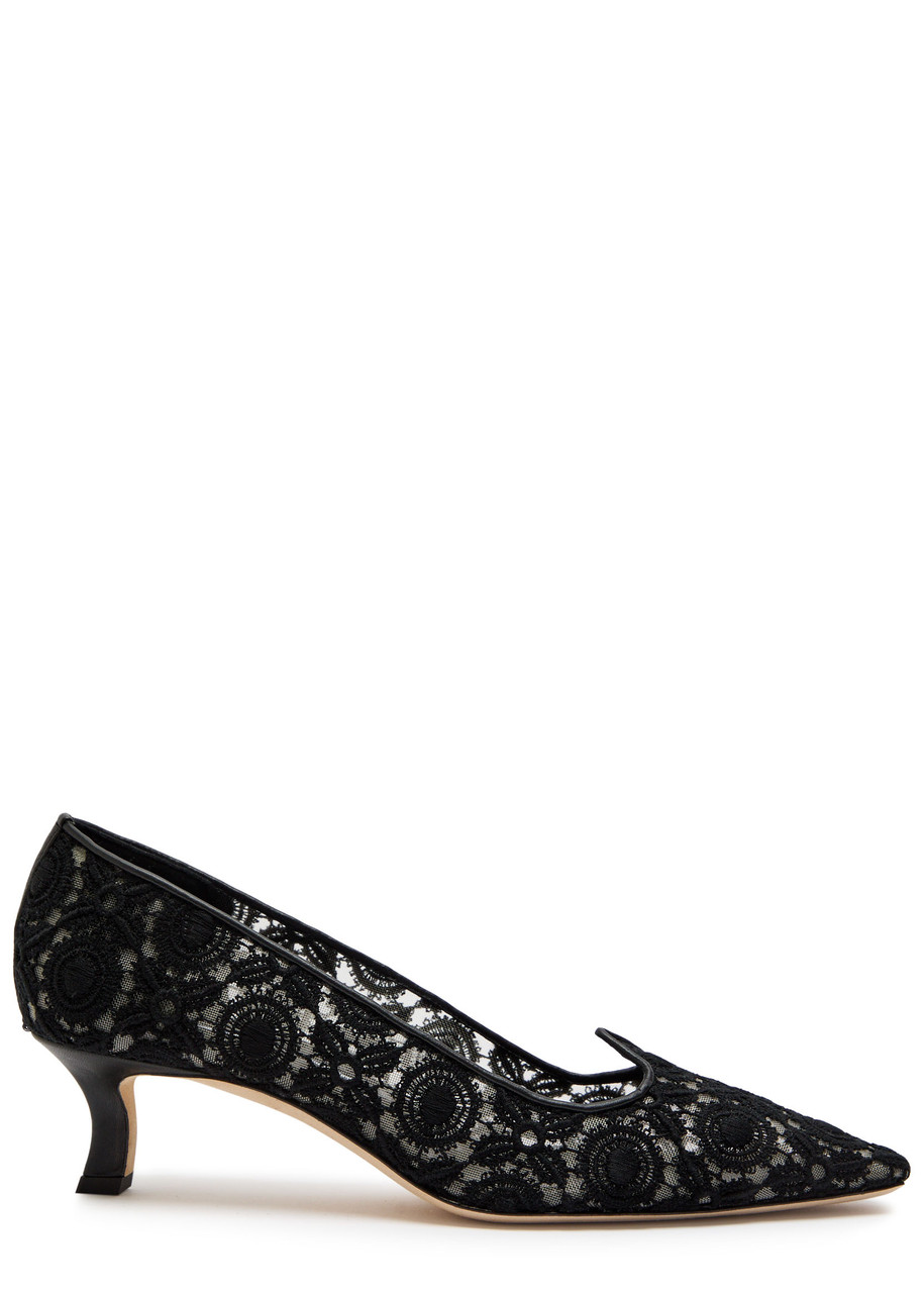 Manolo Blahnik Euridi Floral Lace Kitten-heel Pumps In Black