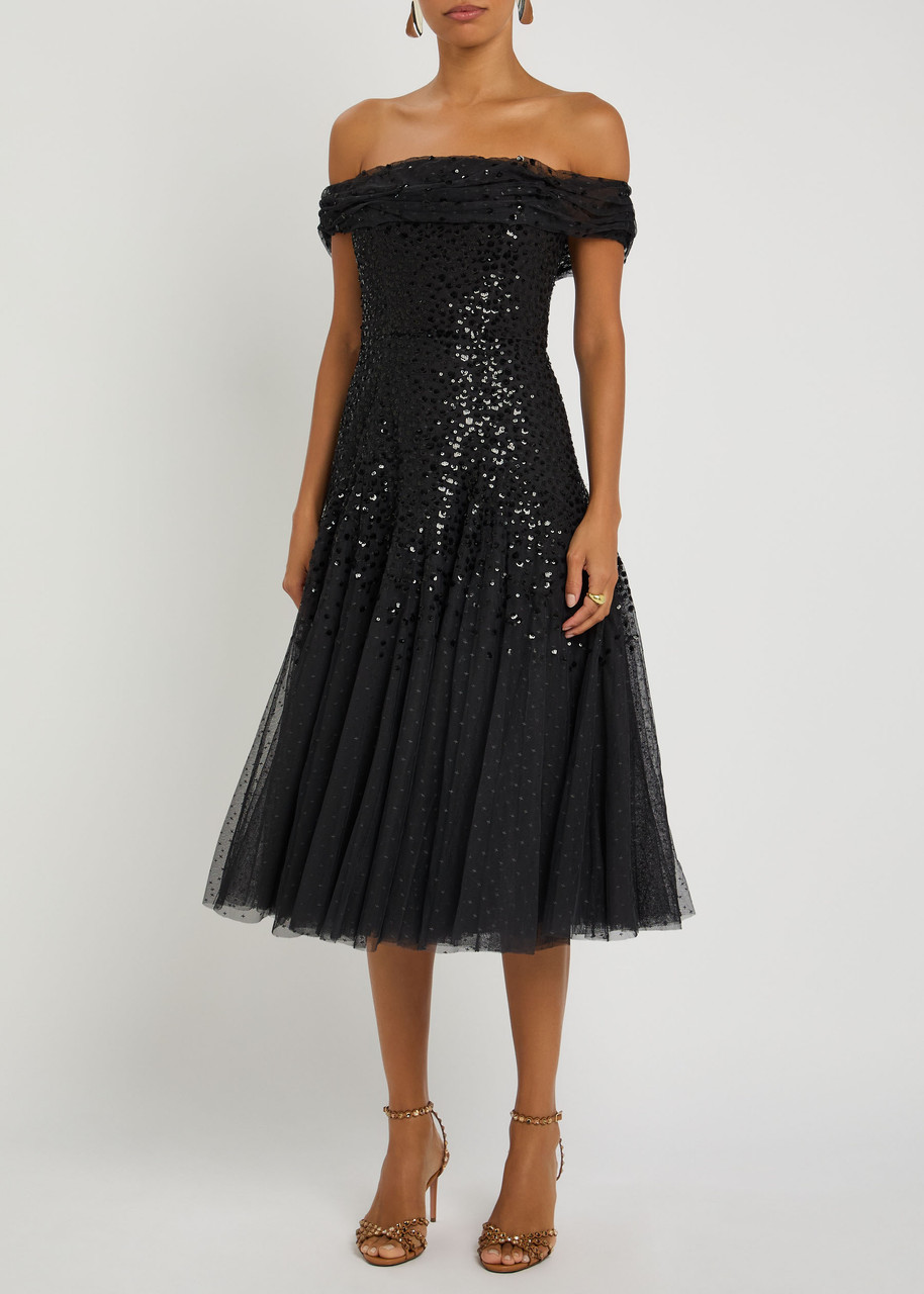 Needle & Thread Dappled Sequin Draped Off-shoulder Midaxi Dress In Black