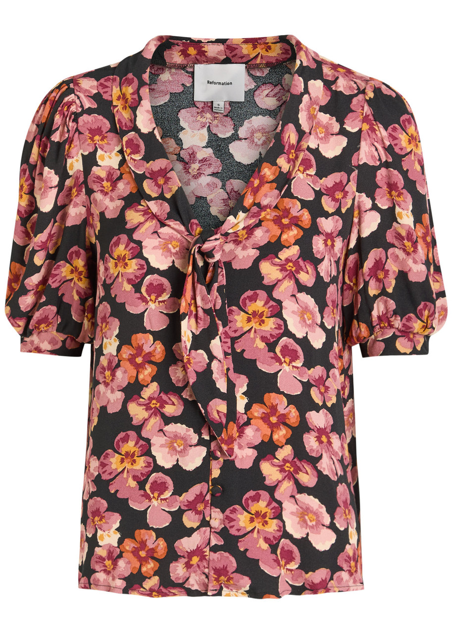 Reformation Joelle Floral Tie Neck Button-up Top In Black