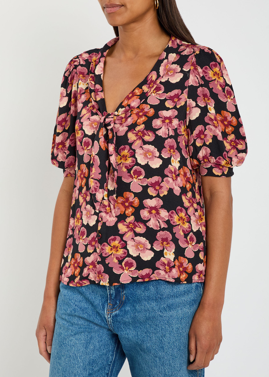 Reformation Joelle Floral Tie Neck Button-up Top In Black
