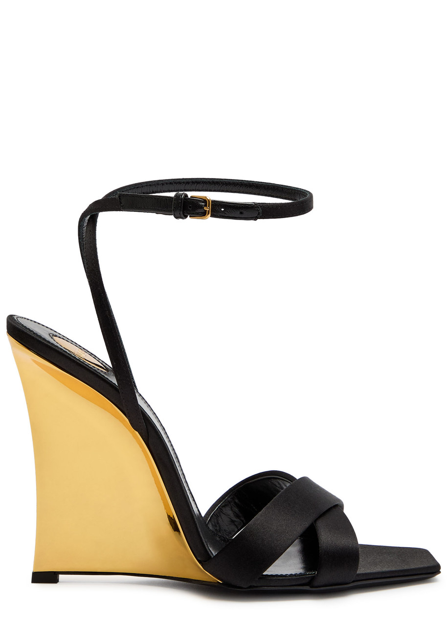 Saint Laurent Lucienne 110 Crepe Satin Wedge Sandals - Black - 40 (IT40 / UK7)