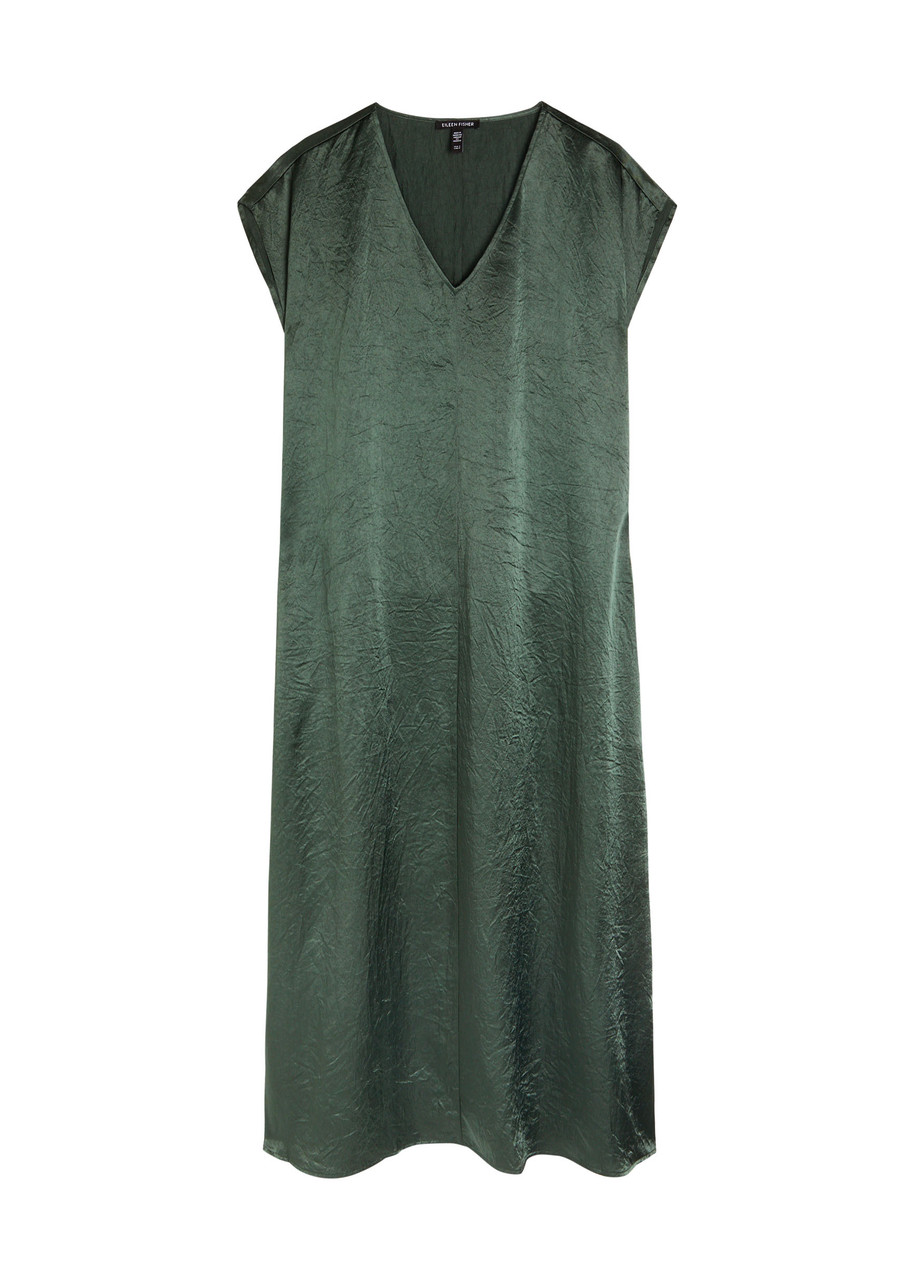 Eileen Fisher Crinkled Satin Midi Dress In Green