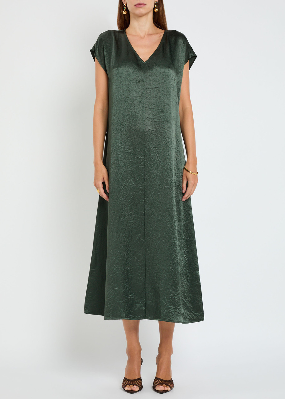 Eileen Fisher Crinkled Satin Midi Dress In Green