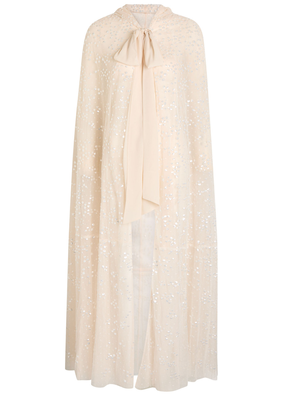 Needle & Thread Dappled Hooded Tulle Cape In Neutral