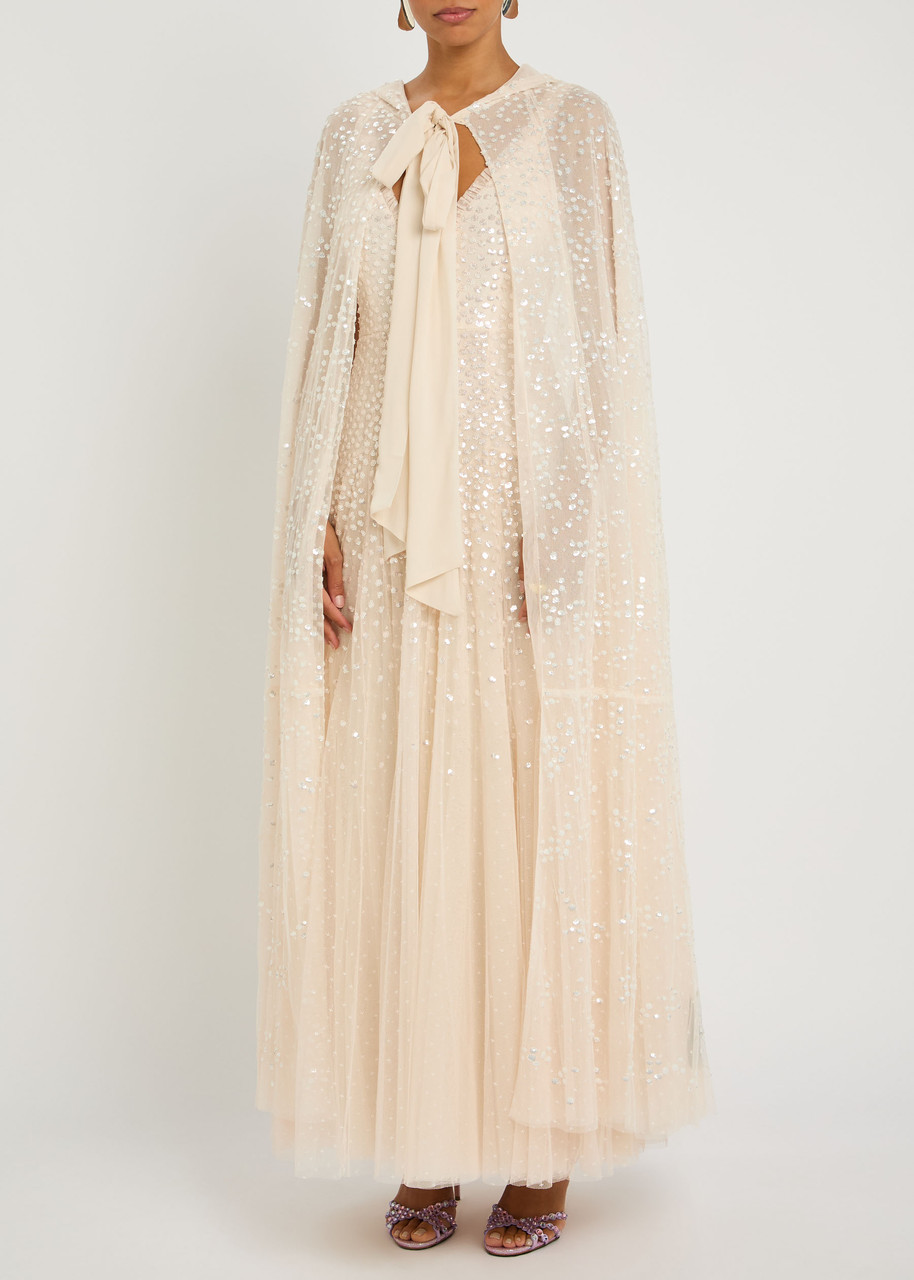  Needle & Thread Dappled Hooded Tulle Cape - Cream - M/l (uk14 / L) 