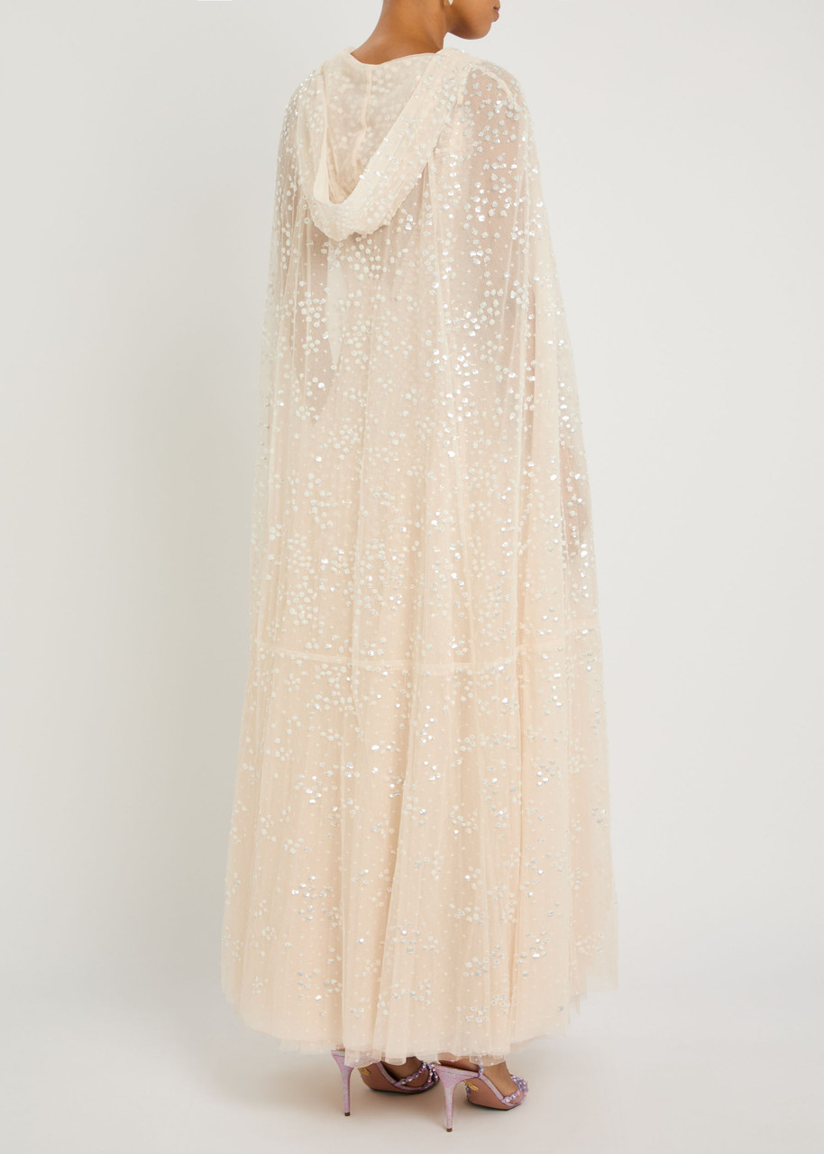  Needle & Thread Dappled Hooded Tulle Cape - Cream - M/l (uk14 / L) 