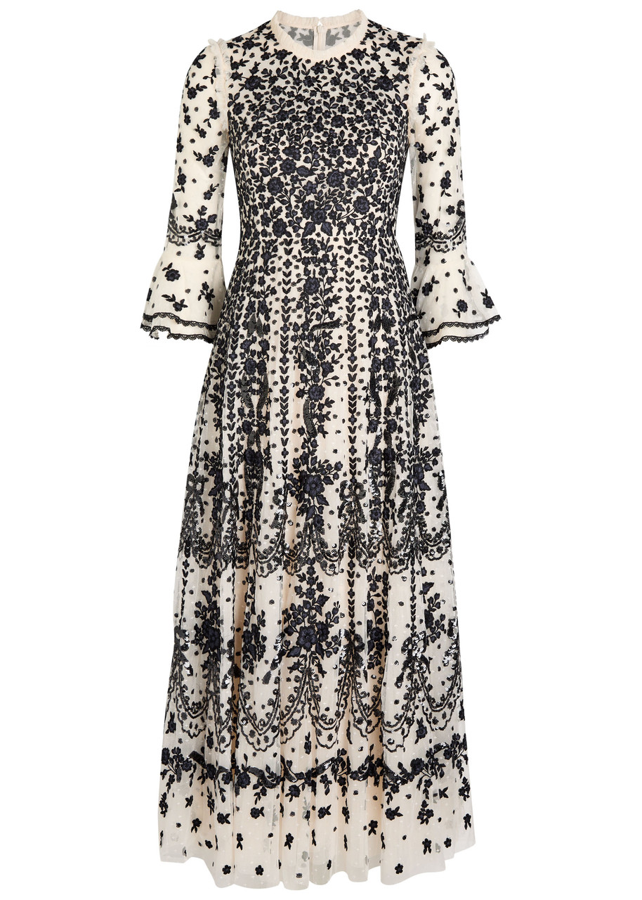 Needle & Thread Adeline Floral-embroidered Tulle Gown In Animal Print