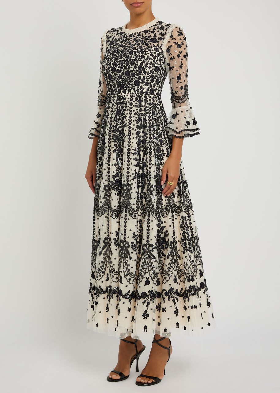 Needle & Thread Adeline Floral-embroidered Tulle Gown In Animal Print