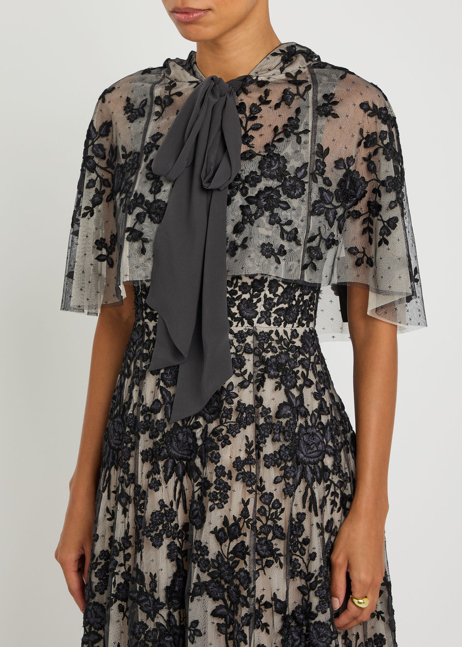 Needle & Thread Rosa Floral-embroidered Tulle Cape In Multi
