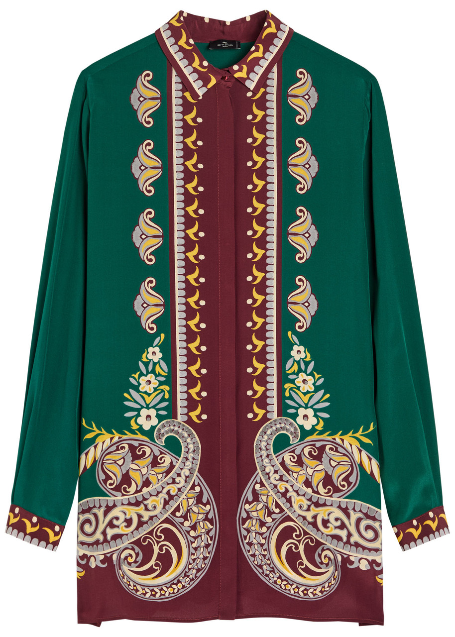 Etro Long Silk Shirt With Placed Print In Multi