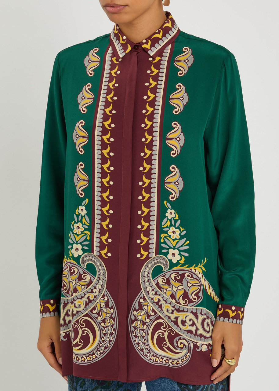 Etro Long Silk Shirt With Placed Print In Multi