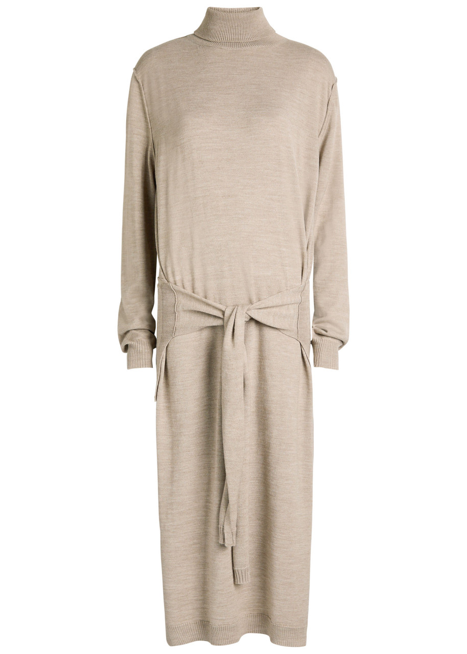 Lemaire Belted Wool-blend Turtleneck Midi Dress In Brown