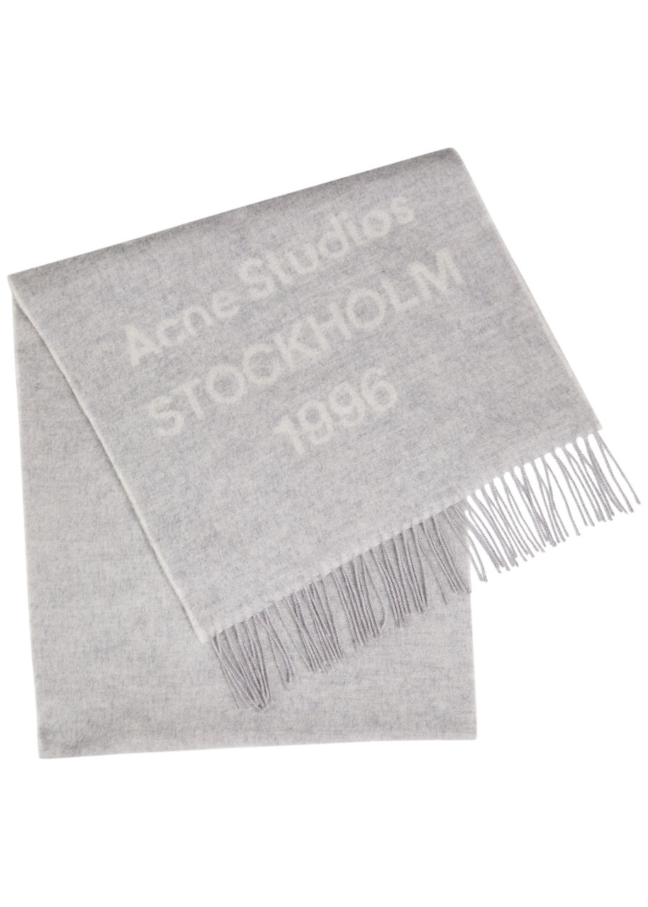Acne Studios 1996 Logo Jacquard Double Face Wool Fringe Scarf In Gray