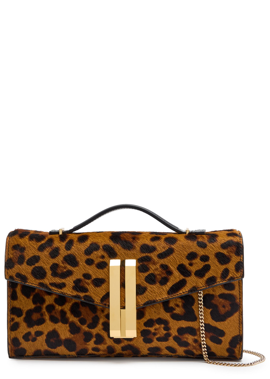 Demellier Vancouver Leopard-print Calf Hair Clutch In Brown