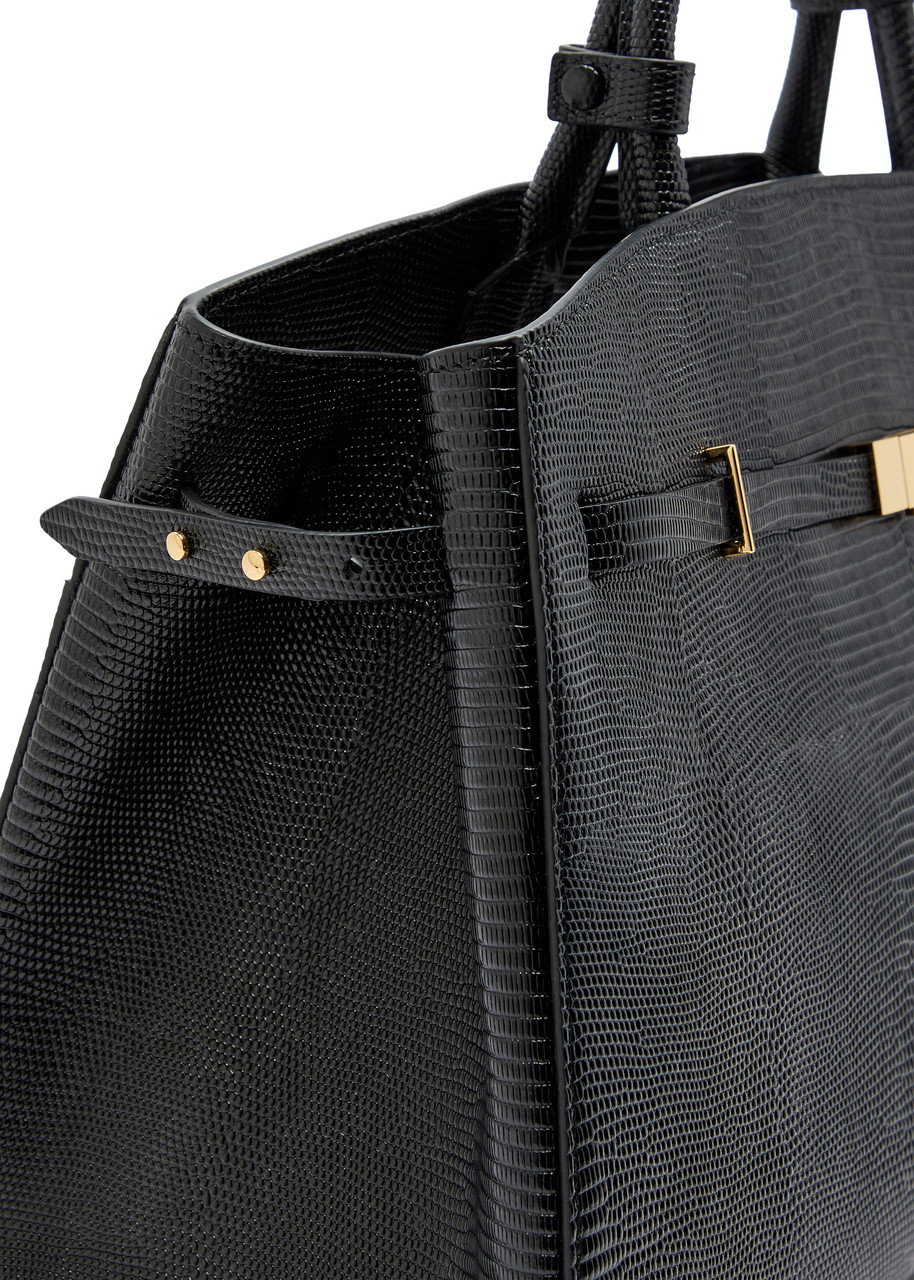 Demellier The Hudson Lizard-effect Leather Top Handle Bag In Black
