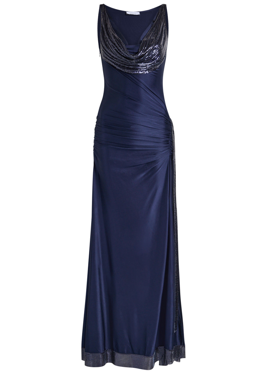 Rabanne Chainmail-embellished Stretch-satin Gown In Blue