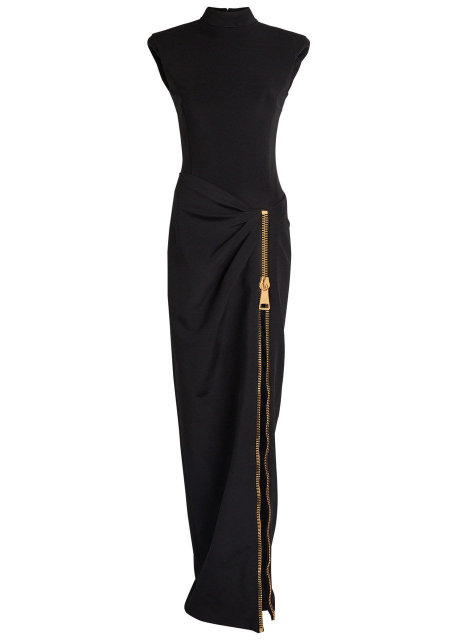 Balmain Zipped Compact Jersey Slit Long Dress Clothing In Black