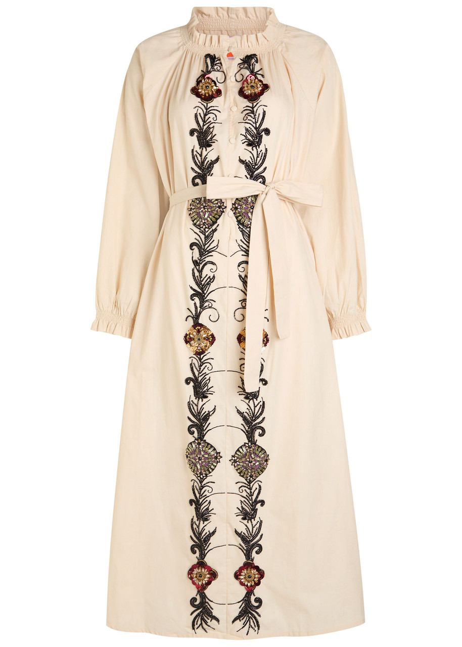 La Doublej La Double J Embroidered Cerere Cotton-poplin Midi Shirt Dress In Neutral