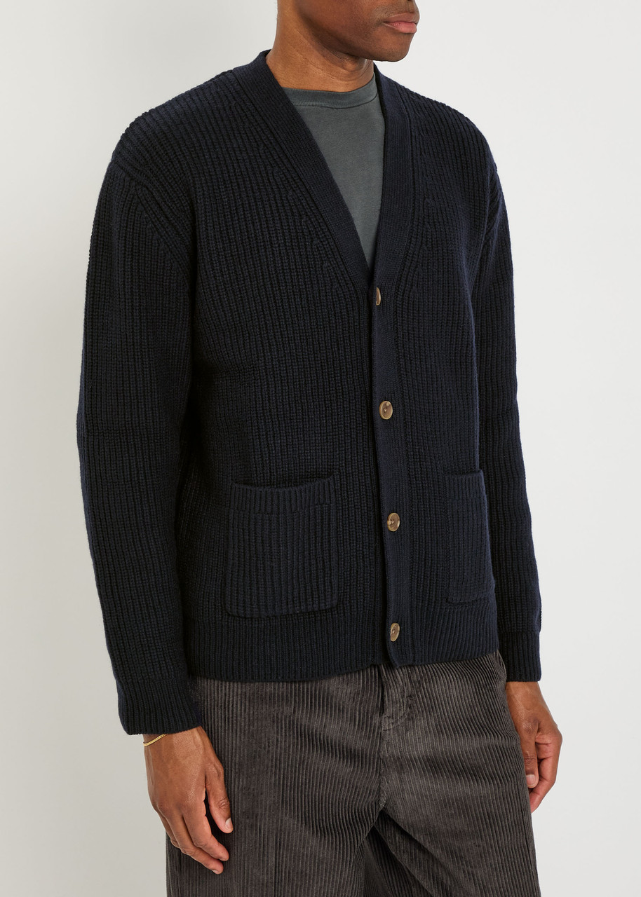 Wax London Walker Ribbed Wool-blend Cardigan In Blue