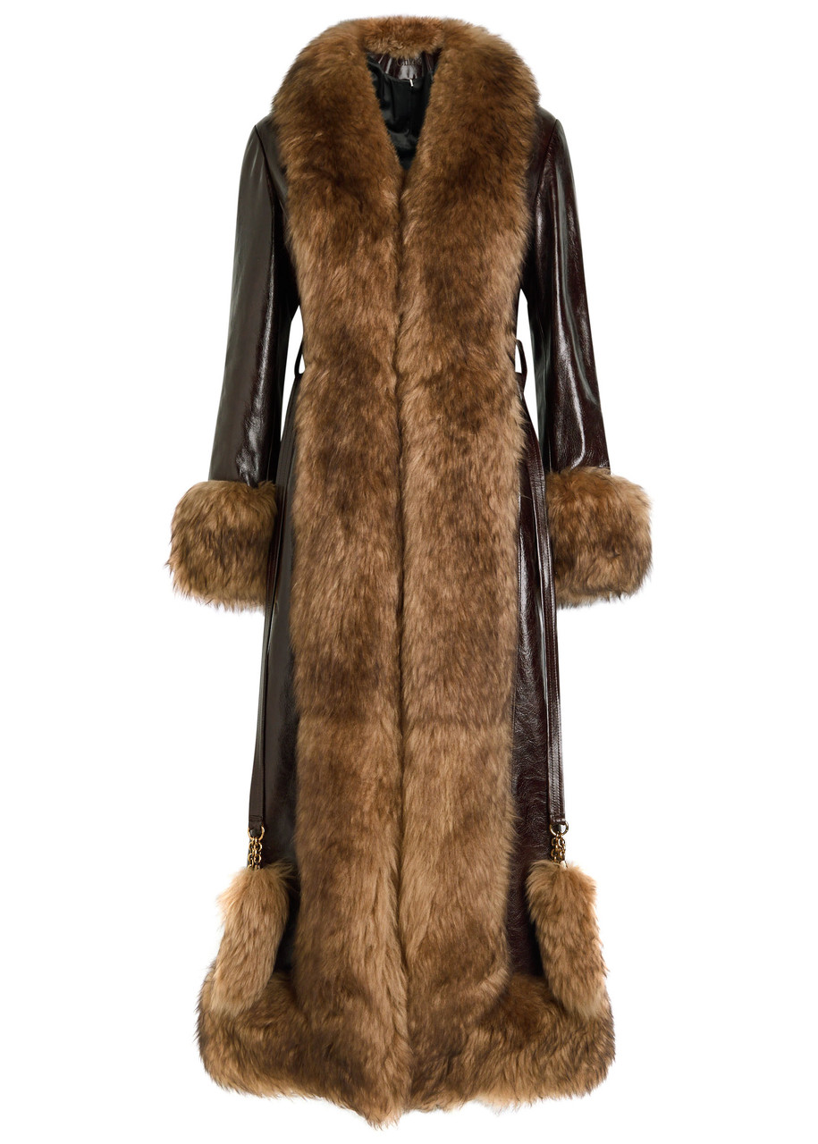 Chloé Lamb Shearling-trim Shiny Leather Long Coat In Brown