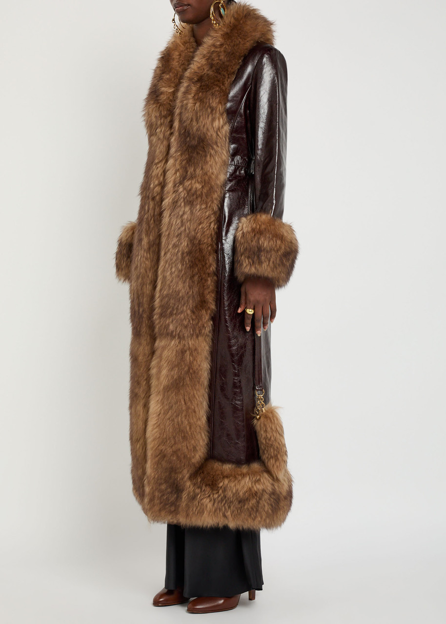 Chloé Lamb Shearling-trim Shiny Leather Long Coat In Brown