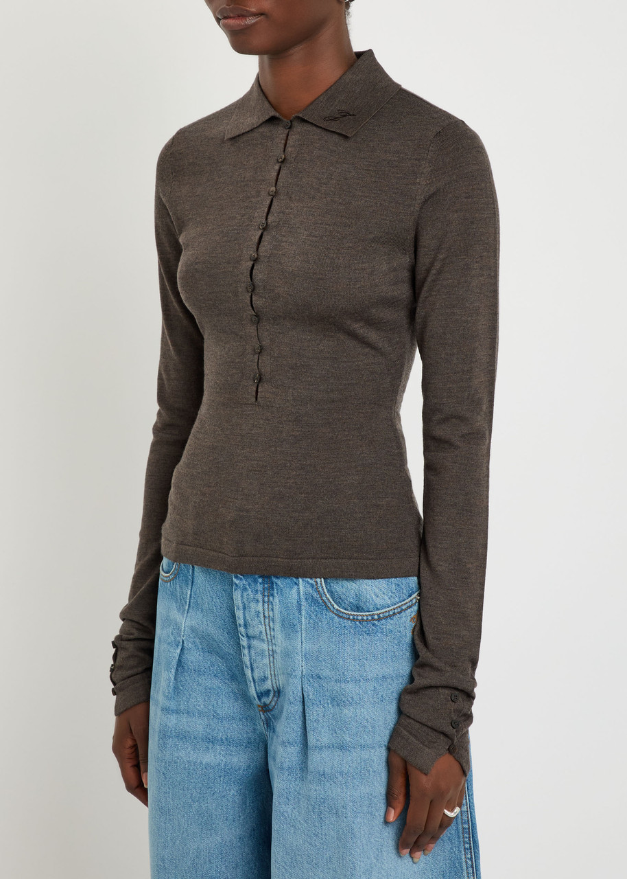 Jacquemus Le Polo Button-embellished Wool-blend Polo Top In Brown
